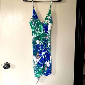 White tropical print V neck mini dress!